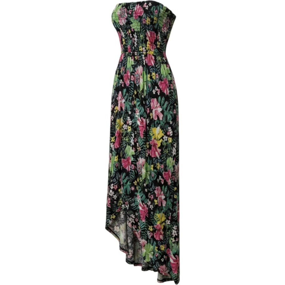 H&M Divided Maxi Dress Womens 6 Black Floral Tropical Smocked High Low Strapless